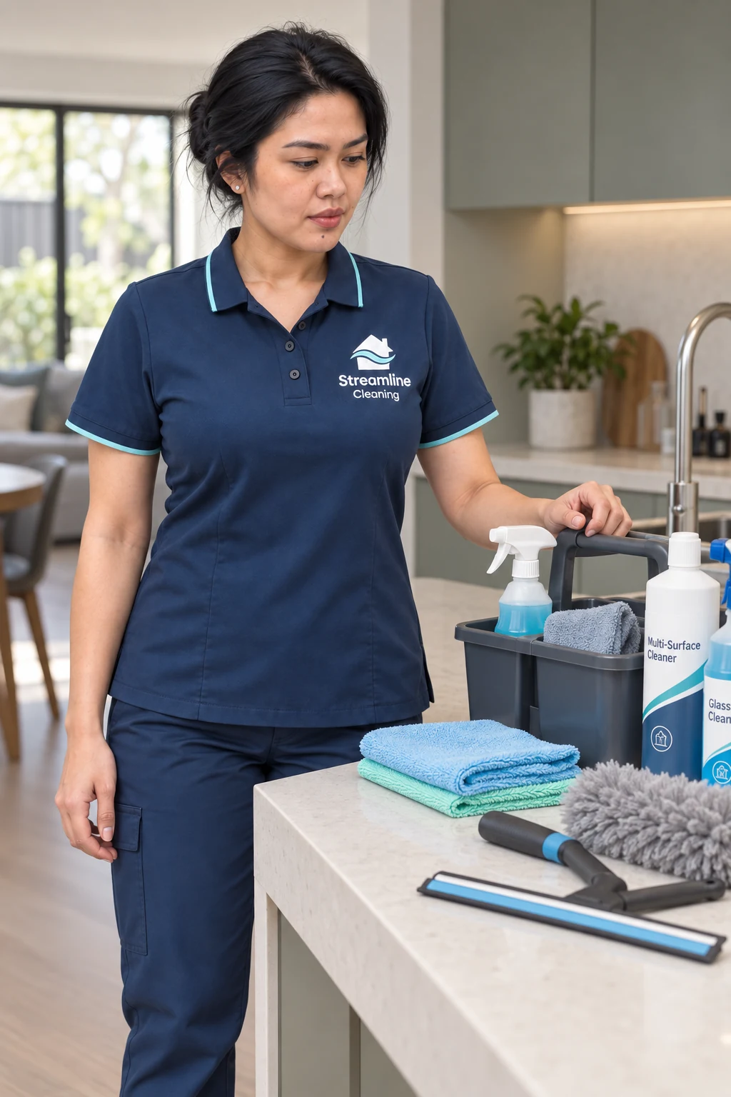 Jerah in Streamline uniform preparing a cleaning caddy